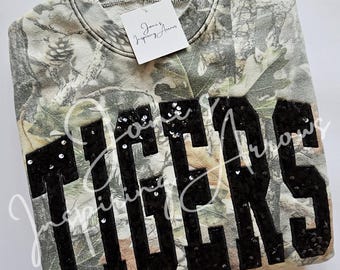 Custom Embroidered Sequin Camo Sweatshirt/T-Shirt, Personalized Camo Crewneck, Hunting Style Apparel