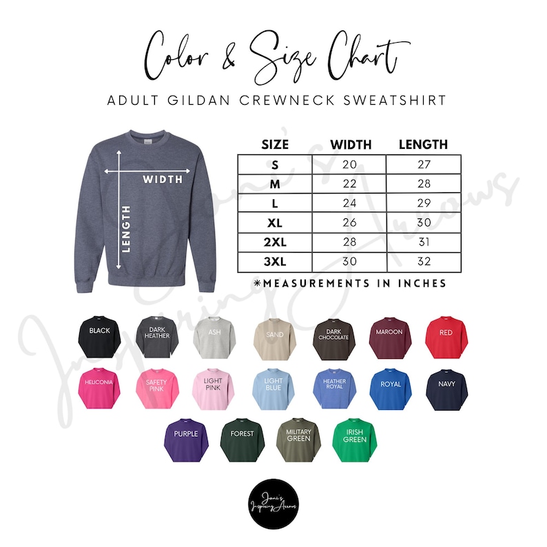 May include: A color and size chart for an adult Gildan crewneck sweatshirt. The chart displays width and length measurements in inches for sizes S through 3XL. Below the chart, twenty-one small sweatshirt icons are shown in various solid colors.
