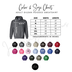 May include: A color and size chart for an adult Gildan hooded sweatshirt. The chart displays width and length measurements in inches for sizes S through 3XL. Below the chart are twenty-one small hoodie icons in various colors with labels.