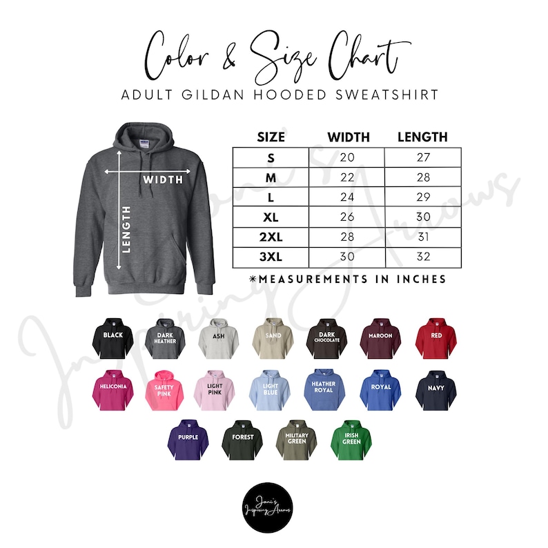 May include: A color and size chart for an adult Gildan hooded sweatshirt. The chart displays width and length measurements in inches for sizes S through 3XL. Below the chart are twenty-one small hoodie icons in various colors with labels.