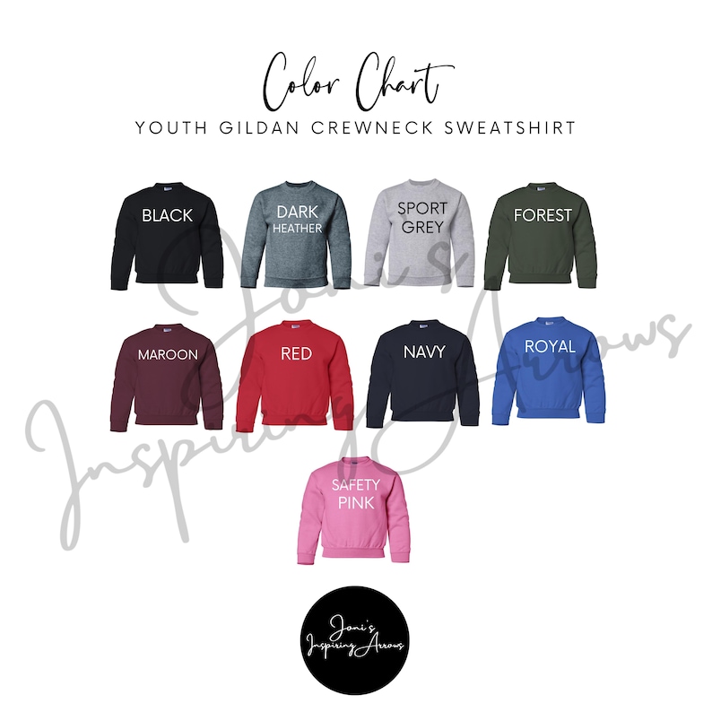 May include: A color chart for youth Gildan crewneck sweatshirts displaying nine options: black, dark heather, sport grey, forest, maroon, red, navy, royal, and safety pink. Each sweatshirt is labeled with its corresponding color name in white text.