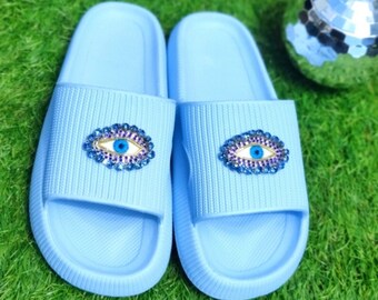 Blue evil eye slides, blue rhinestone evil eye slides, bling evil eye slides, blue evil eye rhinestone summer slides, bling slides, evil eye