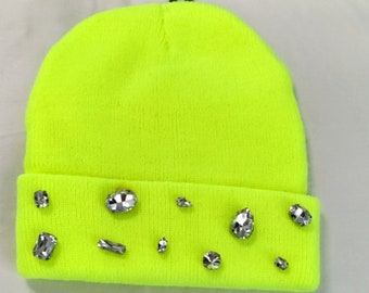 Neon bling beanie, neon beanie, neon rhinestone beanie, neon hat, neon cap, neon bling hat, bling beanie, rhinestone beanie, sparkly beanie