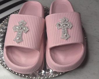 Pink cross slides, religious slides, church apparel, pink rhinestone cross slides, pink bling slides, pink slides, bling slides, bling cross