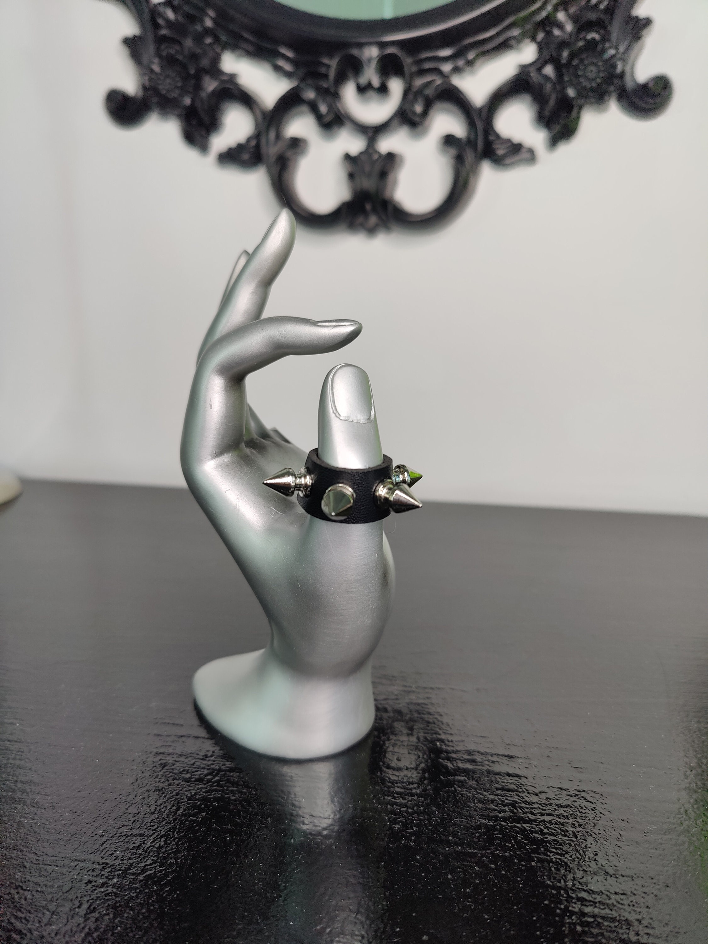 Black punk spiked ring, black goth spiked ring, black leather punk rock ring, punk goth emo ring, punk rock, goth black leather spiked ring