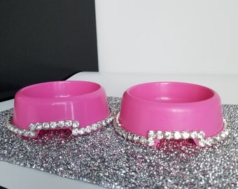 Pink rhinestone bling pet bowls, pink pet bowls, bling pet bowls, pet bowls, pink bling pet bowls, glam pet bowls, dog bowls, cat bowls,