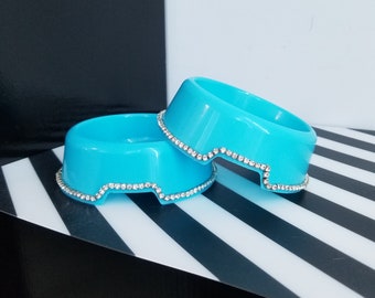 Blue rhinestone pet bowls,  blue bling pet bowls, bling puppy bowls, bling kitten bowls,  rhinestone pet, fancy pet bowls, bling pet gift