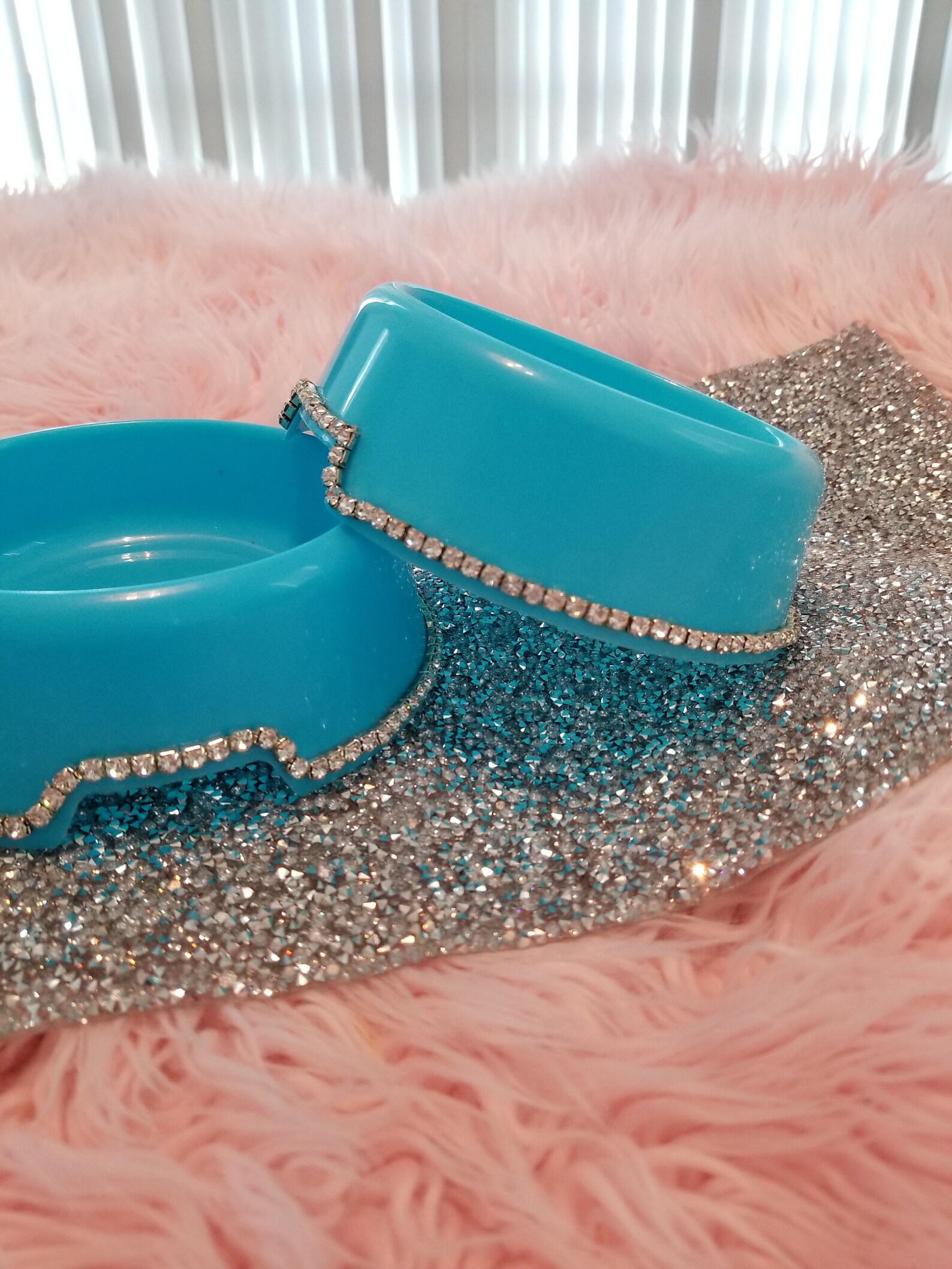 Blue Rhinestone Pet Bowls, Blue Bling Pet Bowls, Bling Puppy Bowls, Bling Kitten Bowls
