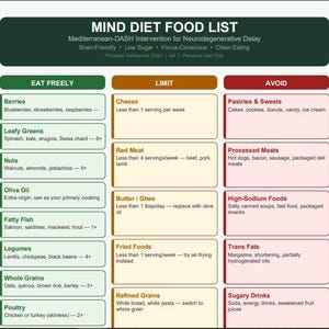 Może przedstawiać: Tabela referencyjna diety MIND z ciemnozielonym nagłówkiem MIND DIET FOOD LIST. Tabela jest podzielona na trzy kolumny oznaczone jako EAT FREELY w kolorze zielonym, LIMIT w kolorze pomarańczowym oraz AVOID w kolorze czerwonym, wyszczególniające żywność.
