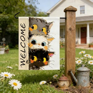 Stacked Watercolor Cats Garden Flag | Whimsical Kitten Outdoor Yard Decor