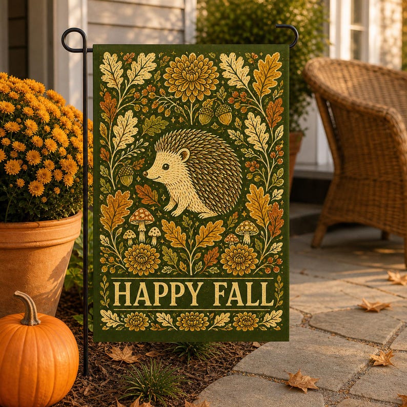 Woodland animal outdoor flag with hedgehog illustration and fall foliage, perfect for autumn porch decoration
