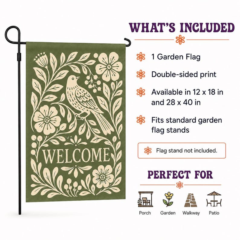 Welcome garden flag with bird and floral artwork showing product features and standard garden flag stand compatibility