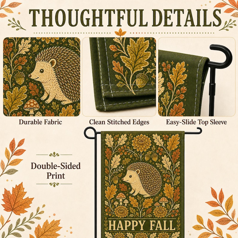 May include: A garden flag featuring a hedgehog, mushrooms, and autumn leaves on a dark green background with the text HAPPY FALL. The flag displays durable fabric, clean stitched edges, an easy-slide top sleeve, and a double-sided print design.