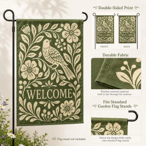 Double sided green bird garden flag with floral welcome design and outdoor fabric detail