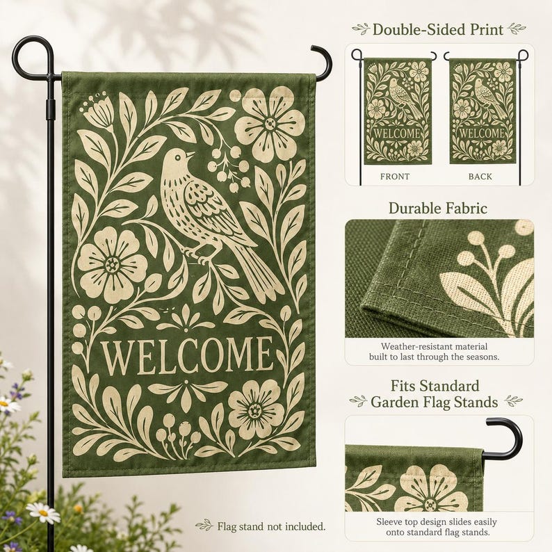 Double sided green bird garden flag with floral welcome design and outdoor fabric detail