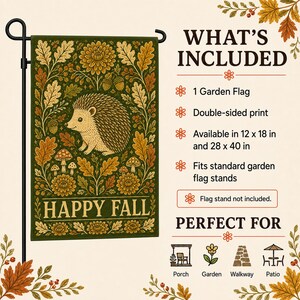 Double sided autumn garden flag hanging on a standard stand with rustic woodland artwork for yard decor