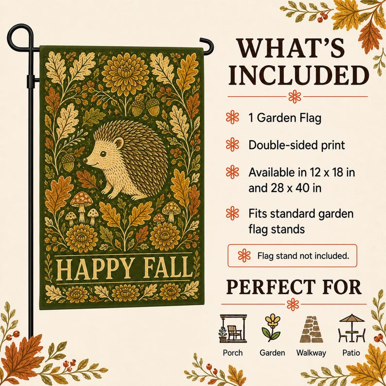 Double sided autumn garden flag hanging on a standard stand with rustic woodland artwork for yard decor