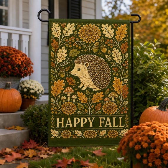 Hedgehog Autumn Garden Flag, Woodland Fall Yard Decor, Cozy Porch Decoration
