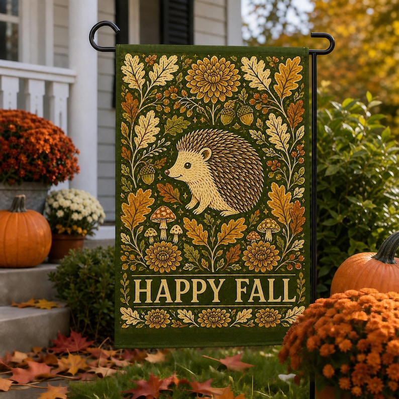Fall garden flag featuring a cute hedgehog with autumn leaves, acorns, mushrooms, and woodland forest design