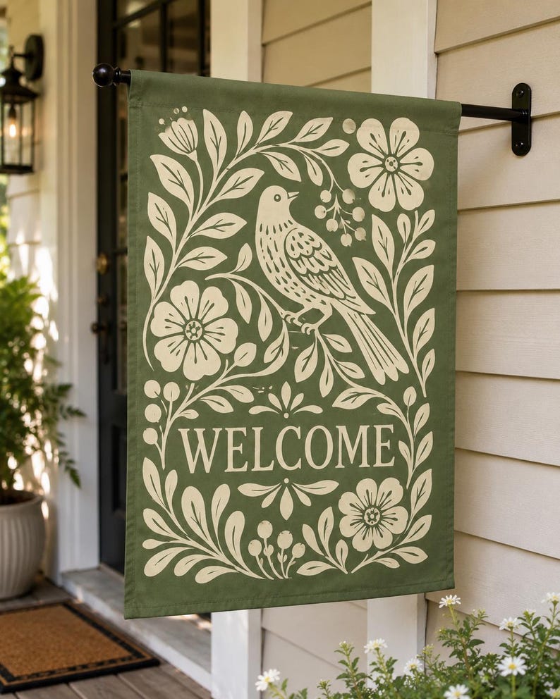 May include: A rectangular garden flag in olive green featuring a cream-colored graphic print of a bird perched on a branch surrounded by flowers, leaves, and berries. The word WELCOME is printed in a bold, serif font at the bottom center.