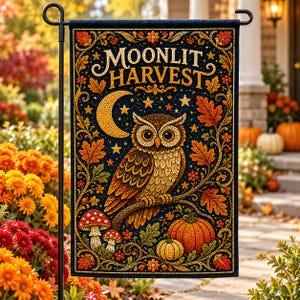 Puede incluir: Una bandera de jardín rectangular con fondo azul oscuro y el texto MOONLIT HARVEST en dorado. El diseño muestra un búho central sobre una rama, una luna creciente, estrellas, hojas de otoño, setas y calabazas en una ilustración detallada.