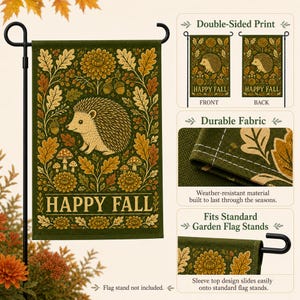 Cozy fall garden flag with hedgehog, oak leaves, and seasonal botanical details for nature inspired outdoor decor