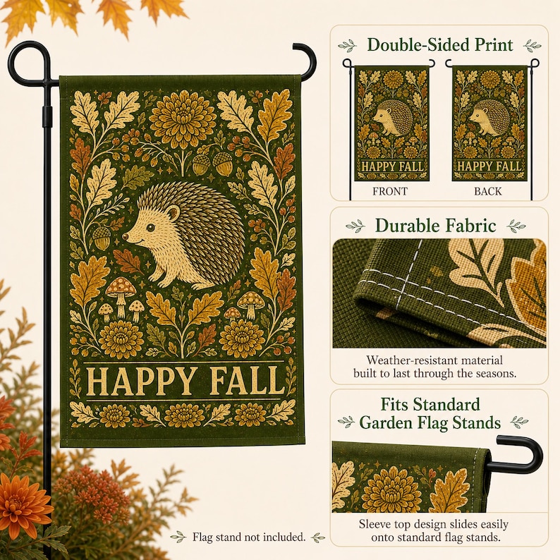Cozy fall garden flag with hedgehog, oak leaves, and seasonal botanical details for nature inspired outdoor decor