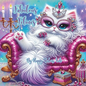 May include: A colourful illustration of a white cat adorned with a crown and glasses, seated on a pink armchair. The image includes the text "Fabulous Felines" and "By Happy Colors Ink."