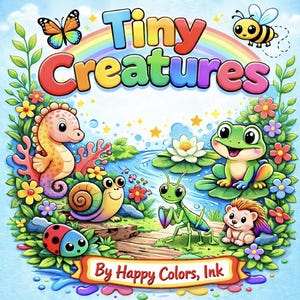 May include: A colorful illustration titled "Tiny Creatures" featuring a rainbow, a butterfly, and a bee. The image showcases a seahorse, snail, ladybug, frog, praying mantis, and hedgehog. The text "By Happy Colors, Ink" is displayed on a banner at the bottom.