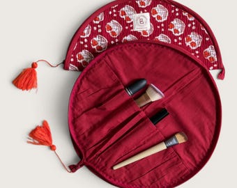 Cherry Bloom Makeup Brush Holder | Red Floral Brush Organizer Case | Quilted Cotton Pouch | Hand Block Print Bridesmaid Gift