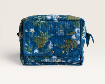 Quilted Toiletry Bag, Hand Block Printed Cotton Quilted Makeup Bag, Gardenia Bloom