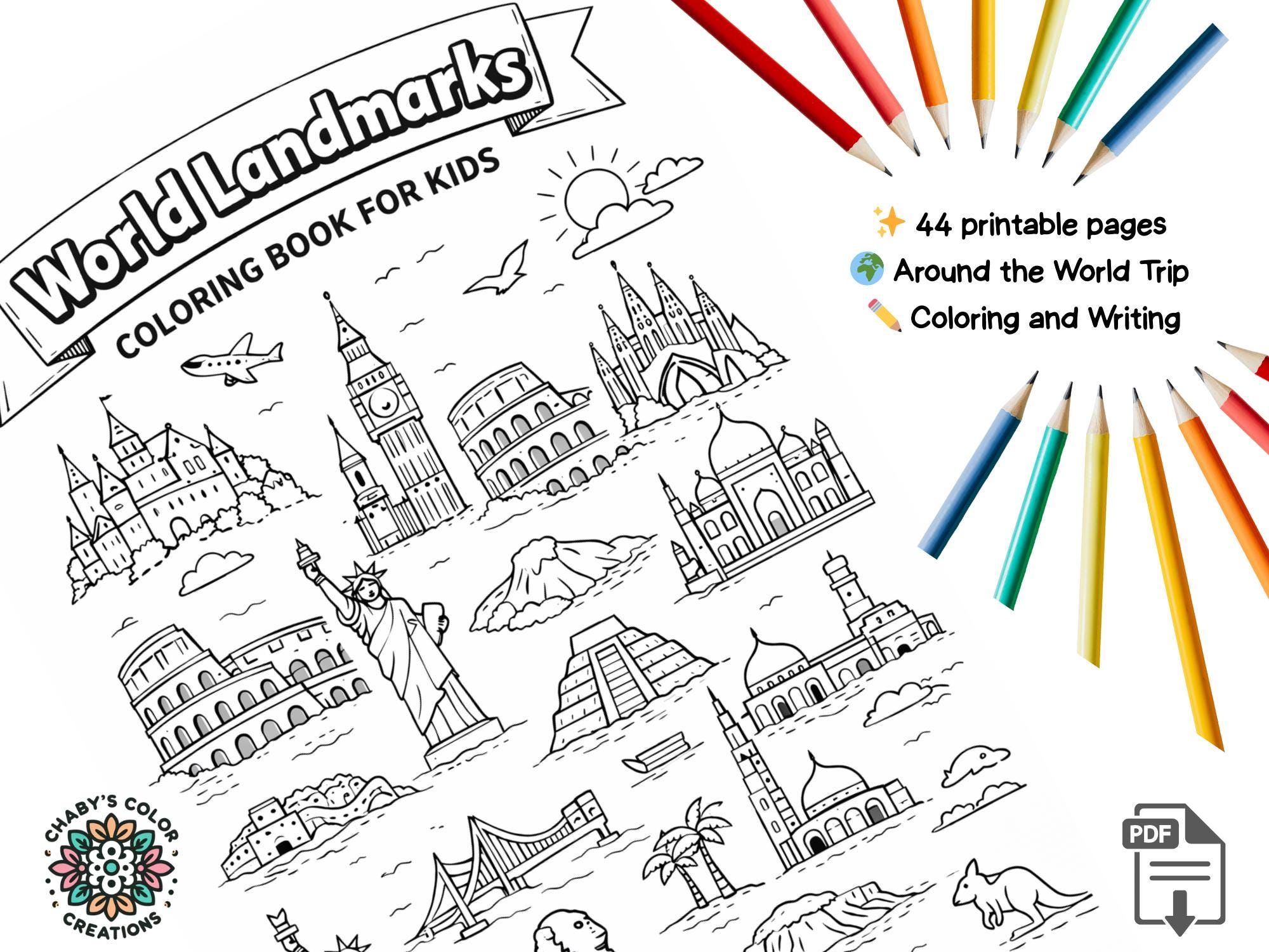 World Landmarks Coloring Book for Kids – 44 Pages | Famous Monuments ...