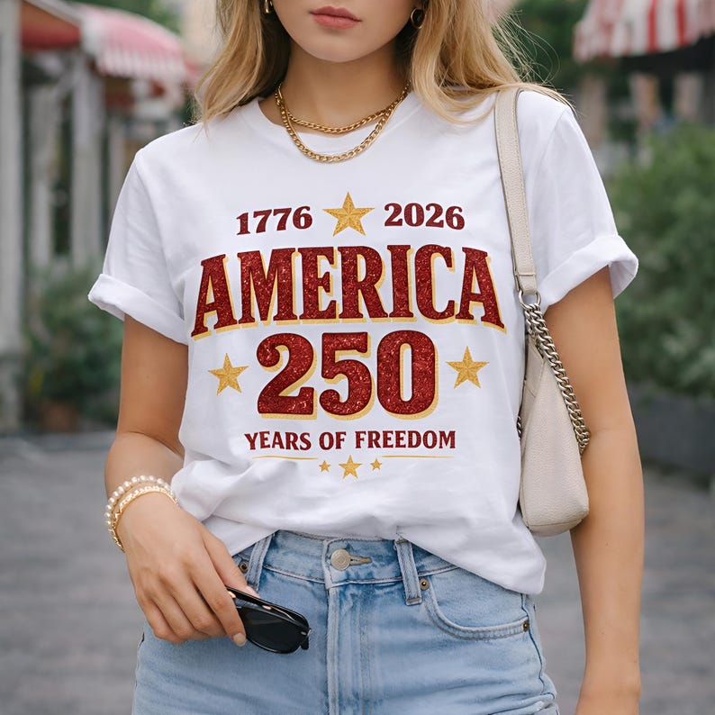 May include: White t-shirt with the text "1776 2026 AMERICA 250 YEARS OF FREEDOM" in red and gold. The shirt has a crew neck and short sleeves. The model is wearing blue jeans and holding sunglasses.