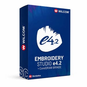 May include: A rectangular software box in deep blue featuring the Wilcom logo in white and red. The front displays the text Embroidery Studio e4.2 + CorelDRAW BRINDE, with a white graphic element and the SC Bordados logo at the bottom corner.