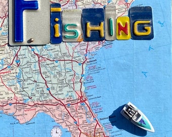 GONE FISHING - Custom License Plate Art Sign with Florida Map