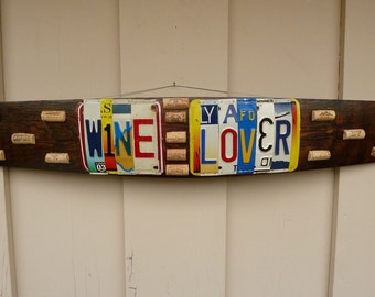 WINE LOVER - custom recycled license plate wine barrel stave art sign by LICENSE2SPELL