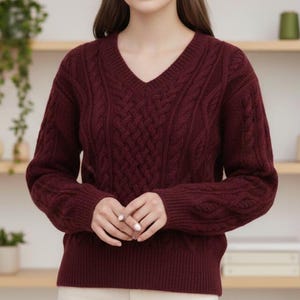 Cabled V Neck Sweater Pattern Women Knit PDF | Textured Cable Pullover Design | Classic Ladies Knitting Pattern