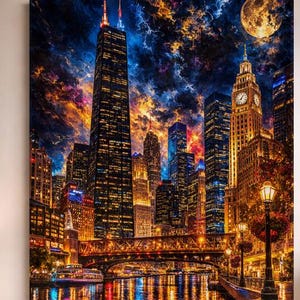 May include: A colourful cityscape painting, 76 x 102 cm, shows a night view of a city skyline with illuminated skyscrapers, a bridge, and water reflecting the city lights. The artwork features a dramatic sky with a full moon.