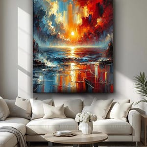 Abstract Sunset Seascape Canvas Painting, Large Modern Ocean Wall Art (30x40 Inches)