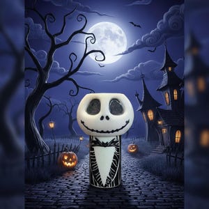 May include: A white and black ceramic Jack Skellington-themed candle holder. The candle holder has a smiling face and is set against a spooky Halloween night scene with a full moon, pumpkins, and a haunted house.