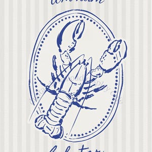 May include: Blue and white illustration of a lobster inside an oval dotted border, with the words "tôm hùm" and "lobster" in script. The background has vertical stripes.