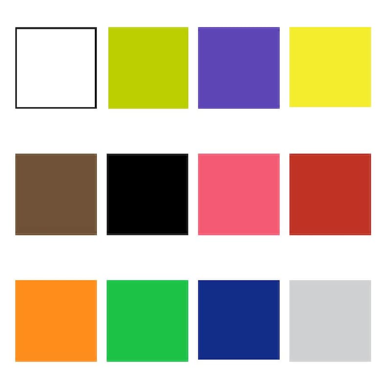 May include: A collection of 12 color swatches, including white, yellow, green, purple, brown, black, pink, red, orange, blue, and gray.