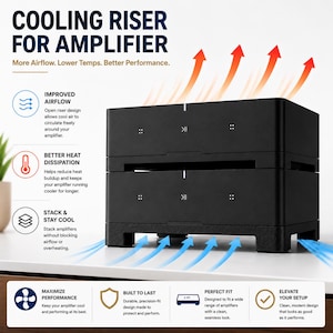 May include: Black cooling riser for an amplifier, with the text "COOLING RISER FOR AMPLIFIER". The design allows for improved airflow, better heat dissipation, and stackability. The riser is designed to fit a wide range of amplifiers.