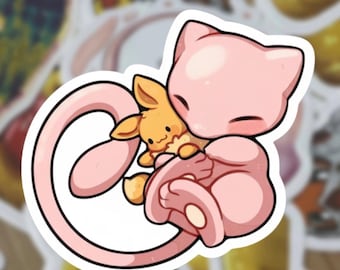 Sleeping Mew Hugging Eevee Plushie Sticker – Waterproof Glossy Vinyl