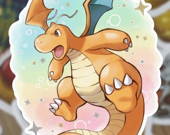 Cute Dragonite Vinyl Sticker – Kawaii Dragon Pokemon Inspired Die Cut Sticker | Pastel Rainbow Background | Waterproof Laptop, Tumbler