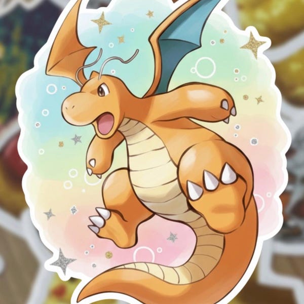 Cute Dragonite Vinyl Sticker – Kawaii Dragon Pokemon Inspired Die Cut Sticker | Pastel Rainbow Background | Waterproof Laptop, Tumbler