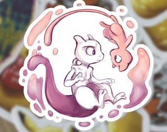 Mew & Mewtwo Pastel Vinyl Sticker – Cute Psychic Pokémon Aesthetic Decal, Waterproof Glossy Laptop Sticker
