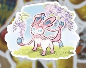 Sylveon Cute Garden Vinyl Sticker – Kawaii Fairy Pokémon – Waterproof Die Cut Sticker for Laptop, Water Bottle, Journal