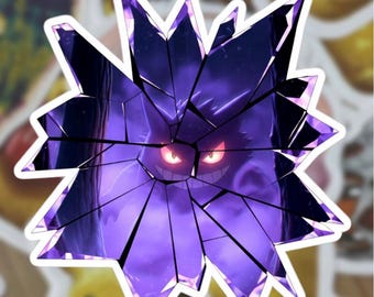 Gengar Broken Glass Sticker – Spooky Ghost Pokémon Vinyl Decal, Waterproof Glossy 3x3 Laptop Water Bottle Sticker