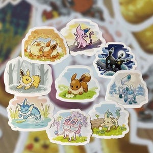 May include: A collection of colourful stickers featuring various cartoon characters. The stickers showcase different creatures in various settings, including forests and landscapes. The stickers are on a blurred background of other stickers.